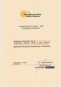 Certyfikat ze szkolenia Aneta Filipczuk - Pilates Basic 1,2, Intermediate Fitness